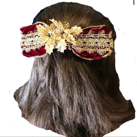 Velveteen Bow Barrette Gold Burgundy Vintage 1980s main image 5